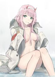 Rule 34 | 1girl, absurdres, breasts, cleavage, closed mouth, coat, collarbone, colored pencil (medium), convenient censoring, darling in the franxx, duan s, green eyes, hair censor, hair over breasts, hairband, hat, unworn hat, unworn headwear, highres, horns, long hair, looking at viewer, medium breasts, mouth hold, naked coat, open clothes, open coat, pink hair, simple background, sitting, sleeves past fingers, sleeves past wrists, smile, solo, straight hair, traditional media, water, white background, white coat, white hairband, zero two (darling in the franxx)