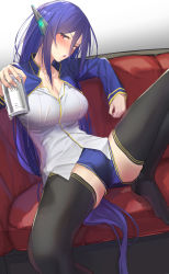 Rule 34 | 1girl, bad id, bad pixiv id, black thighhighs, blue hair, blush, breasts, cleavage, cosmic break, couch, giving, highres, large breasts, long hair, long sleeves, looking at viewer, nebel, pallad, parted lips, red eyes, shirt, sitting, solo, spread legs, thighhighs, thighs, very long hair, white shirt