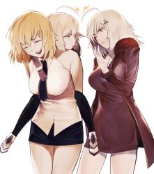 Rule 34 | 3girls, aged down, ahoge, angry, bad id, bad twitter id, bare shoulders, black dress, black jacket, black neckwear, black skirt, blonde hair, breasts, cape, carrying, clenched teeth, commentary request, dress, fate/grand order, fate (series), fur-trimmed cape, fur collar, fur trim, gloves, gyudong123, hair between eyes, highres, holding person, jacket, jeanne d&#039;arc (fate), jeanne d&#039;arc (girl from orleans) (fate), jeanne d&#039;arc (ruler) (fate), jeanne d&#039;arc alter (fate), jeanne d&#039;arc alter (ver. shinjuku 1999) (fate), jeanne d&#039;arc alter santa lily (fate), large breasts, looking at another, lying, miniskirt, multiple girls, official alternate costume, on back, open mouth, piggyback, shirt, short hair, silver hair, skirt, sleeveless, sleeveless shirt, smile, teeth, thighs, tongue, tongue out, yellow eyes