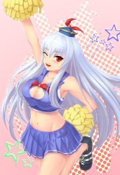 Rule 34 | 1girl, alternate costume, arm up, armpits, blue hair, blush, breasts, cheerleader, cleavage, collarbone, female focus, fujino (yoshi9798174), hand on own hip, hat, highres, kamishirasawa keine, legs folded, long hair, midriff, navel, one eye closed, open mouth, polka dot, pom pom (cheerleading), red eyes, shoes, silhouette, skirt, smile, solo, touhou, very long hair, wink