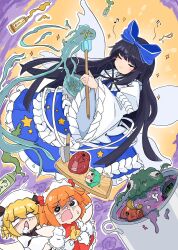 Rule 34 | 3girls, bad food, black hair, blonde hair, blue bow, blue dress, blush, bottle, bow, closed eyes, closed mouth, cooking pot, dress, eighth note, fairy, fairy wings, frilled sleeves, frills, hair bow, hat, headdress, highres, holding, knife, long hair, long sleeves, luna child, multiple girls, musical note, open mouth, orange hair, red dress, short hair, smile, star sapphire, sunny milk, tatutaniyuuto, touhou, two side up, white dress, white headwear, wide sleeves, wings
