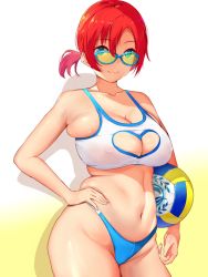 Rule 34 | 1girl, ball, bare shoulders, bikini, blue bikini, blush, boudica (fate), breasts, cleavage, cleavage cutout, clothing cutout, fate/grand order, fate (series), gradient background, green eyes, hand on own hip, heart cutout, large breasts, looking at viewer, looking over eyewear, looking over glasses, nasipasuta, navel, nipples, ponytail, red hair, see-through, short ponytail, skindentation, smile, solo, sunglasses, swimsuit, thighs, tinted eyewear, volleyball, volleyball (object), white bikini, yellow-tinted eyewear, yellow-tinted glasses, yellow background