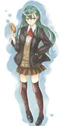 Rule 34 | 10s, 1girl, absurdres, ascot, bad id, bad pixiv id, blazer, brown skirt, brown thighhighs, coat, collared shirt, doughnut, food, full body, gradient background, green eyes, green hair, hand on own hip, highres, jacket, kantai collection, loafers, long hair, long sleeves, looking at viewer, looking to the side, matching hair/eyes, school uniform, shirt, shoes, skirt, smile, solo, standing, suzuya (kancolle), sweater, sy-l-via, thighhighs, white shirt, zettai ryouiki