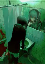 Rule 34 | 1girl, absurdres, bathroom, black hair, black hoodie, black skirt, black thighhighs, blood, blood on face, blunt bangs, cigarette, collar, corpse, cross, cross earrings, curtains, death, earrings, feet out of frame, from above, gun, highres, holding, holding gun, holding weapon, hood, hoodie, indoors, jewelry, leaning on object, lighter, lighting cigarette, long hair, looking to the side, mirror, murder, nia (x x02), original, reflection, sink, skirt, slit pupils, smoking, solo, spiked collar, spikes, thighhighs, tile wall, tiles, twintails, weapon