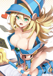 Rule 34 | 1girl, absurdres, bare shoulders, blonde hair, blue footwear, blush, breasts, card, cleavage, dark magician girl, duel monster, green eyes, hat, heart, highres, large breasts, long hair, pentacle, solo, wand, wizard hat, yu-gi-oh!, zelitto