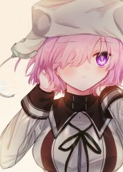 Rule 34 | 1girl, absurdres, blush, breasts, commentary request, fate/grand order, fate (series), grey hat, grey jacket, hair over one eye, harukappa, hat, highres, jacket, large breasts, long sleeves, looking away, mash kyrielight, mash kyrielight (lostroom outfit), official alternate costume, one eye covered, pink hair, purple eyes, short hair, simple background, solo, upper body