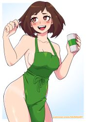 Rule 34 | 1girl, :d, absurdres, apron, areola slip, averting eyes, blush stickers, boku no hero academia, breasts, bright pupils, brown eyes, brown hair, coffee cup, collarbone, cowboy shot, cup, dashi (dashiart), disposable cup, fingernails, green apron, hands up, highres, holding, holding cup, holding marker, iced latte with breast milk (meme), marker, medium breasts, meme, nail polish, naked apron, open mouth, patreon username, red nails, short hair, smile, solo, tan, tanline, teeth, upper teeth only, uraraka ochako, watermark, web address, white pupils