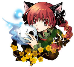 Rule 34 | 1girl, :o, animal ears, bad id, bad pixiv id, braid, cat ears, cat girl, extra ears, fang, female focus, flower, hair ribbon, kaenbyou rin, looking at viewer, plant, red eyes, red hair, ribbon, short hair, skull, solo, touhou, twin braids, twintails, white background, yamadori ofuu