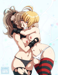Rule 34 | 2girls, antenna hair, artist logo, artist name, bare shoulders, black gloves, black panties, black shirt, black thighhighs, blonde hair, blue background, blue eyes, breasts, clothes lift, commission, cowboy shot, eye contact, eyebrows, eyelashes, female focus, fingerless gloves, fingernails, french kiss, from side, glasses, gloves, green eyes, half-closed eyes, hand on another&#039;s head, hug, karosu maker, kiss, light brown hair, long hair, looking at another, medium breasts, multiple girls, navel, no bra, open mouth, original, panties, ponytail, profile, red thighhighs, shirt, shirt lift, short hair, simple background, small breasts, standing, striped clothes, striped thighhighs, thighhighs, thighs, tongue, tongue out, topless, torn clothes, torn thighhighs, two-tone thighhighs, underwear, white-framed eyewear, white panties, wide hips, yuri
