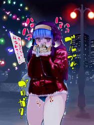 Rule 34 | 1girl, @ @, alternate costume, anamochi, blue buruma, blue hair, blunt bangs, blush, breath, building, buruma, christmas, christmas tree, cold, covering own mouth, cowboy shot, embarrassed, female focus, fur-trimmed jacket, fur-trimmed sleeves, fur trim, gloves, habit, hands up, have to pee, highres, holding, jacket, japanese text, kula diamond, lamppost, long sleeves, night, night sky, outdoors, own hands together, pee, peeing, peeing self, sack, sky, skyscraper, solo, speech bubble, standing, talking, the king of fighters, translation request, tree, trembling