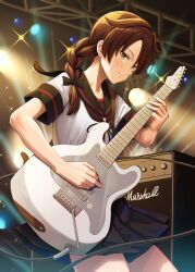 Rule 34 | 1girl, amplifier, anchor symbol, black sailor collar, black skirt, blush, braid, brown eyes, brown hair, closed mouth, collarbone, cowboy shot, electric guitar, guitar, highres, holding, holding instrument, ichikawa feesu, instrument, kantai collection, long hair, marshall amplification, music, official alternate hairstyle, playing instrument, pleated skirt, sailor collar, school uniform, serafuku, shikinami (kancolle), shikinami kai ni (kancolle), short sleeves, single braid, skirt, smile, solo, stage lights
