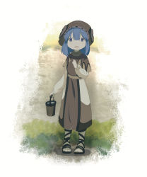 Rule 34 | 1999 (artist), 1girl, absurdres, blue eyes, blue hair, bucket, capelet, dress, female focus, full body, hat, highres, looking at viewer, made in abyss, medium hair, open mouth, pakkoyan, sandals, solo, standing, toes
