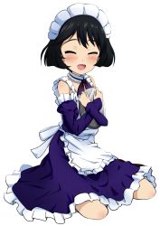 Rule 34 | 1girl, :d, animal print, apron, black eyes, black hair, blue dress, blush, closed eyes, commentary, commentary request, detached collar, dress, girls und panzer, highres, holding, looking at viewer, maid, maid headdress, nekota susumu, open mouth, partial commentary, rabbit print, seiza, short hair, simple background, sitting, smile, solo, transparent background, tray, utsugi yuuki, wariza, white background