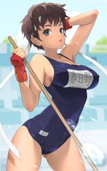 Rule 34 | 1girl, blue eyes, blue one-piece swimsuit, blue sky, blush, breasts, brown hair, cacn, cowboy shot, day, fingerless gloves, gloves, headband, highres, kasugano sakura, large breasts, looking at viewer, name tag, one-piece swimsuit, open mouth, outdoors, pool, red gloves, school swimsuit, short hair, sky, solo, standing, street fighter, swimsuit, thighs, water, wet