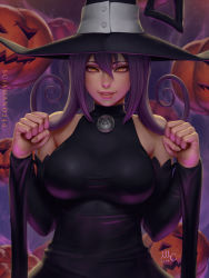 Rule 34 | 1girl, 2018, artist name, bare shoulders, black dress, black hat, blair (soul eater), breasts, brown eyes, clenched hands, commentary, detached sleeves, dress, english commentary, fingernails, flipped hair, hair between eyes, hands up, hat, highres, jack-o&#039;-lantern, large breasts, lips, looking at viewer, medium hair, nose, parted lips, pumpkin, purple hair, sciamano240, sidelocks, signature, sleeveless, sleeveless dress, smile, solo, soul eater, taut clothes, taut dress, turtleneck, upper body, witch, witch hat