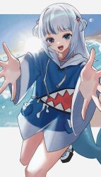 Rule 34 | 1girl, 3xens, :d, beach, blue eyes, blue hair, blue hoodie, choppy bangs, commentary request, fins, fish tail, gawr gura, gawr gura (1st costume), grey hair, hair ornament, highres, hololive, hololive english, hood, hoodie, long hair, long sleeves, looking at viewer, multicolored hair, no pants, open mouth, reaching, reaching towards viewer, shark girl, shark hair ornament, shark tail, sharp teeth, shoes, smile, sneakers, solo, splashing, streaked hair, tail, teeth, two side up, virtual youtuber, white footwear, wide sleeves