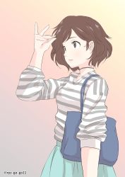 Rule 34 | 10s, 1girl, absurdres, adjusting hair, akiyama yukari, bag, black choker, blue skirt, brown eyes, brown hair, carrying, casual, choker, commentary, girls und panzer, gradient background, grey shirt, handbag, highres, holding, holding own hair, long sleeves, looking to the side, messy hair, one-hour drawing challenge, oze (xyz go go11), parted lips, shirt, short hair, skirt, solo, standing, striped clothes, striped shirt, twitter username, upper body