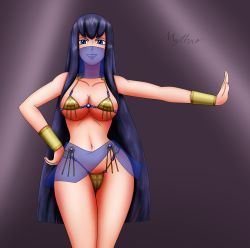 Rule 34 | 1girl, absurdres, artist name, belly dancing, black hair, blue eyes, bracer, breasts, cleavage, commentary, commission, curvy, dancer, female focus, hand on own hip, harem outfit, highleg, highres, kill la kill, kiryuuin satsuki, large breasts, long hair, microskirt, midriff, mouth veil, mythro, navel, see-through, signature, skirt, smirk, solo, stomach, thick eyebrows, thighs, underboob, veil