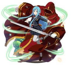 Rule 34 | 1girl, asuna (sao-alo), black jacket, black skirt, blue eyes, blue hair, brown footwear, cloak, floating hair, gloves, grey pantyhose, holding, holding sword, holding weapon, jacket, leg up, long hair, looking at viewer, miniskirt, neck ribbon, outstretched arms, pantyhose, pleated skirt, pointy ears, red cloak, red ribbon, ribbon, school uniform, shirt, shoes, simple background, skirt, smile, standing, standing on one leg, sword, sword art online, uniform, very long hair, weapon, white background, white gloves, white shirt