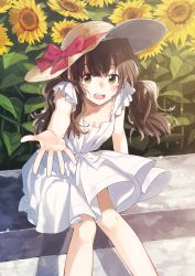 Rule 34 | 1girl, blush, booota, breasts, brown hair, cleavage, commentary request, downblouse, dress, field, flower, flower field, green eyes, hat, long hair, looking at viewer, medium breasts, open mouth, original, outstretched hand, short sleeves, sitting, smile, solo, stairs, sun hat, sundress, sunflower, sunflower field, teeth, twintails, wavy hair, white dress