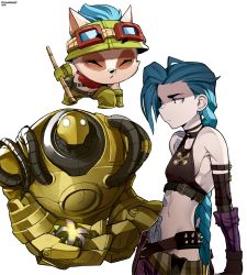 Rule 34 | 1boy, 1girl, absurdres, arcane: league of legends, arcane jinx, arm tattoo, asymmetrical bangs, bad id, bad pixiv id, bare shoulders, belt, blitzcrank, blue hair, braid, breasts, brown belt, closed mouth, cloud tattoo, crop top, fingerless gloves, flower, frown, gloves, goggles, goggles on head, green headwear, highres, jinx (league of legends), league of legends, long hair, looking at viewer, navel, pants, robot, ryu (ryuwanshoy), simple background, smalll breasts, stomach, stomach tattoo, striped, tattoo, teemo, twin braids, twintails, white background