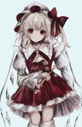 Rule 34 | 1girl, absurdres, amagi xx, ascot, blonde hair, expressionless, flandre scarlet, frills, hat, hat ribbon, highres, long sleeves, looking at viewer, mob cap, puffy sleeves, red eyes, red skirt, revision, ribbon, shirt, skirt, skirt set, solo, thighhighs, touhou, vest, white thighhighs, wings