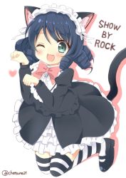 Rule 34 | 1girl, :3, :d, animal ears, bell, black hair, black shirt, black skirt, blush, bow, bowtie, cat ears, cat girl, cat tail, center frills, chutney, commentary request, copyright name, cyan (show by rock!!), fang, frilled hairband, frilled shirt collar, frilled skirt, frills, gothic lolita, green eyes, hairband, head tilt, heart, jingle bell, juliet sleeves, lolita fashion, long sleeves, looking at viewer, open mouth, pink bow, pink bowtie, puffy sleeves, ringlets, shirt, show by rock!!, simple background, skirt, smile, solo, striped clothes, striped thighhighs, tail, thighhighs, twitter username, white background, white hairband