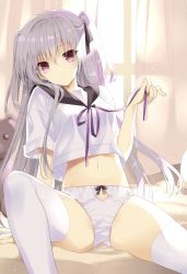 Rule 34 | 1girl, absurdres, arm support, bed sheet, black ribbon, brown eyes, curtains, floating hair, hair between eyes, hair ribbon, highres, indoors, long hair, looking at viewer, midriff, navel, original, panties, ribbon, sailor collar, shirt, short sleeves, silver hair, sitting, smile, solo, stomach, stuffed animal, stuffed toy, suzuhira hiro, teddy bear, thighhighs, twintails, two side up, underwear, very long hair, white panties, white shirt, white thighhighs