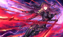 Rule 34 | 1girl, armor, bodysuit, breasts, covered navel, fate/grand order, fate (series), gae bolg (fate), holding, holding weapon, kousaki rui, long hair, pauldrons, polearm, purple hair, red eyes, scathach (fate), scathach (fate), shoulder armor, solo, spear, veil, weapon