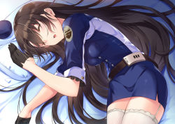 Rule 34 | 1girl, ahoge, akanebi, arizona (azur lane), azur lane, bed, bed sheet, belt, black gloves, blue jacket, blue skirt, blush, breasts, buttons, closed eyes, commentary request, frilled sleeves, frills, garter straps, gloves, hair between eyes, half gloves, hat, jacket, long hair, lying, medium breasts, medium sleeves, mini hat, on bed, on side, open mouth, pencil skirt, pillow, sidelocks, skirt, sleeping, solo, thighhighs, thighs, white thighhighs