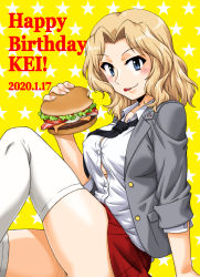 Rule 34 | 1girl, :p, black necktie, blazer, blonde hair, blue eyes, breasts, burger, bursting breasts, character name, commentary, dated, dress shirt, emblem, english text, food, girls und panzer, grey jacket, hair intakes, happy birthday, holding, holding food, jacket, kay (girls und panzer), leg up, licking lips, long hair, long sleeves, loose necktie, miniskirt, necktie, oosaka kanagawa, open clothes, open jacket, pleated skirt, red skirt, saunders (emblem), saunders school uniform, school uniform, shirt, skindentation, skirt, sleeves rolled up, solo, star (symbol), starry background, thighhighs, tongue, tongue out, white shirt, white thighhighs, wing collar, yellow background