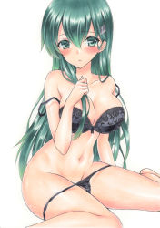Rule 34 | 1girl, bare legs, bare shoulders, black bra, black panties, blush, bra, breasts, cleavage, collarbone, feet out of frame, green eyes, green hair, groin, hair ornament, hairclip, hand on own chest, kantai collection, large breasts, lingerie, long hair, looking at viewer, marker (medium), panties, panty pull, ren (endscape20), simple background, sitting, solo, straight hair, suzuya (kancolle), tareme, traditional media, underwear, underwear only, very long hair, wariza, white background
