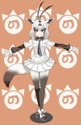 Rule 34 | 10s, 1girl, animal ears, antenna hair, arabian oryx (kemono friends), bow, breast pocket, breasts, brown eyes, brown hair, brown pantyhose, closed mouth, collared shirt, commentary, cross-laced footwear, diagonal stripes, dot nose, eyelashes, eyes visible through hair, footwear bow, full body, gazelle ears, gazelle tail, gradient legwear, grey necktie, hair between eyes, highres, japari symbol, kemono friends, layered clothes, long sleeves, looking at viewer, miniskirt, multicolored clothes, multicolored hair, multicolored legwear, necktie, okuba, open hands, orange background, outstretched arms, pantyhose, pleated skirt, pocket, puffy long sleeves, puffy sleeves, shadow, shirt, shoes, short hair, silver hair, simple background, skirt, sleeve cuffs, small breasts, smile, solo, standing, streaked hair, striped necktie, striped neckwear, tail, thigh gap, two-tone hair, white bow, white footwear, white pantyhose, white skirt, wing collar