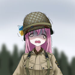 Rule 34 | 101st airborne, 1girl, @ @, bocchi the rock!, breast pocket, cube hair ornament, gotoh hitori, hair ornament, helmet, highres, military, military uniform, motion lines, paratrooper, patch, pink hair, pocket, shoulder patch, uniform, united states, united states army, world war ii