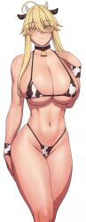 Rule 34 | 1girl, alternate costume, animal print, artoria pendragon (fate), artoria pendragon (lancer) (fate), bell, bikini, black choker, black hair, blonde hair, breasts, choker, cleavage, closed mouth, commentary, cow print, english commentary, fate/grand order, fate (series), glasses, green eyes, hand up, highres, huge breasts, large breasts, looking at viewer, lvl (sentrythe2310), navel, sideboob, simple background, solo, stomach, swimsuit, thighs, underboob, white background
