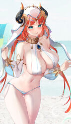 Rule 34 | 1girl, absurdres, beach, bikini, blue gemstone, blue veil, blush, breasts, circlet, fake horns, gem, genshin impact, gold trim, highres, horns, jewelry, large breasts, long sleeves, looking at viewer, navel, neck ring, nilou (genshin impact), open mouth, outdoors, puffy long sleeves, puffy sleeves, red hair, smile, solo, stomach, swimsuit, thigh gap, thighs, twintails, usagi poi, veil, wet, white veil