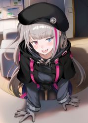 Rule 34 | 1girl, beret, black hat, black pantyhose, blue eyes, commentary request, foreshortening, girls&#039; frontline, gloves, green hair, hat, heterochromia, highres, indoors, jacket, leaning forward, long hair, long sleeves, looking at viewer, mdr (girls&#039; frontline), multicolored hair, open mouth, pantyhose, pink hair, red eyes, solo, streaked hair, tactical clothes, tobimura