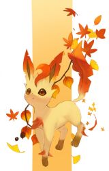 Rule 34 | :o, autumn leaves, brown background, brown eyes, creatures (company), full body, game freak, gen 4 pokemon, horezai, leaf, leafeon, looking at viewer, nintendo, no humans, pokemon, solo, standing, white background