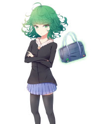 Rule 34 | 1girl, black thighhighs, blue skirt, crossed arms, edison, green eyes, green hair, highres, long hair, looking at viewer, matching hair/eyes, messy hair, one-punch man, pleated skirt, simple background, skirt, solo, tatsumaki, thighhighs, white background