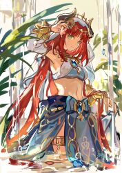 Rule 34 | 1girl, absurdres, bare shoulders, blue eyes, blue skirt, brooch, commentary request, crop top, fake horns, genshin impact, highres, horns, jewelry, long hair, looking at viewer, mento, midriff, navel, nilou (genshin impact), red hair, skirt, smile, solo, standing, stomach, thighlet, unfinished, veil, very long hair, wading, water