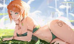 Rule 34 | 1girl, armlet, blue sky, body markings, bracelet, braid, breasts, cleavage, crown braid, facial mark, forehead mark, grass, green eyes, green panties, hand on own face, highres, jewelry, large breasts, looking at viewer, lying, midriff, navel, neo (neorarty3), nintendo, on grass, on side, orange hair, outdoors, panties, parted lips, pointy ears, princess zelda, short hair, sky, solo, strapless, the legend of zelda, the legend of zelda: tears of the kingdom, thighs, underwear