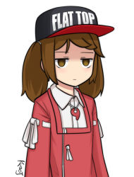 Rule 34 | 10s, 1girl, artist name, baseball cap, brown eyes, brown hair, closed mouth, clothes writing, commentary, english text, hat, headwear writing, jacy, japanese clothes, jitome, kantai collection, long hair, magatama, meme, ribbon-trimmed clothes, ribbon trim, ryuujou (kancolle), shirt, signature, simple background, solo, twintails, upper body, visor cap, white background, white shirt, wing collar