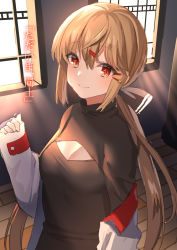 Rule 34 | 1girl, akagi kurage, black sweater, breasts, brown hair, cleavage, cleavage cutout, clothing cutout, hair between eyes, hair ornament, hairclip, highres, indoors, jacket, kantai collection, long hair, looking at viewer, low twintails, medium breasts, open clothes, open jacket, red eyes, smile, solo, sweater, tashkent (kancolle), translation request, turtleneck, twintails, upper body, window
