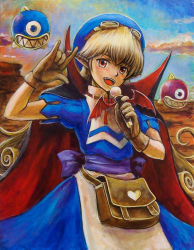 Rule 34 | 1girl, apron, bag, blonde hair, blue hat, blush, cape, curly hair, dress, gloves, goggles, goggles on head, hat, long hair, m/, marivel armitage, microphone, pointy ears, red eyes, smile, solo, tafuto, traditional media, wild arms, wild arms 2