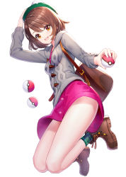 Rule 34 | 1girl, :d, arm up, backpack, bad id, bad pixiv id, bag, boots, breasts, brown eyes, brown footwear, brown hair, cardigan, commentary, creatures (company), dress, full body, game freak, gloria (pokemon), green hat, green socks, grey cardigan, hand on headwear, hat, holding, holding poke ball, hood, hood down, hooded cardigan, long sleeves, looking at viewer, nintendo, open mouth, pink dress, plaid, plaid legwear, poke ball, poke ball (basic), pokemon, pokemon swsh, ririko (zhuoyandesailaer), simple background, small breasts, smile, socks, solo, tam o&#039; shanter, white background