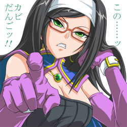 Rule 34 | 1girl, angry, black hair, breasts, cape, cleavage, clenched teeth, dragon quest, dragon quest x, earrings, elbow gloves, female focus, glasses, gloves, green eyes, hairband, hoop earrings, jewelry, large breasts, long hair, pointing, pointing at viewer, purple gloves, red-framed eyewear, runana (dq10), shimusu, solo, teeth, translation request, white background