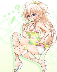 Rule 34 | ...?, 1girl, ahoge, ankle lace-up, armpits, bangle, bikini, bikini under clothes, blonde hair, blue eyes, blush, bow, bracelet, braid, breasts, cleavage, commentary, cross-laced footwear, eyelashes, food, fruit, geckolion, hair bow, halterneck, ia (vocaloid), jewelry, legs, lime (fruit), long hair, looking at viewer, medium breasts, necklace, pink bikini, ponytail, popsicle, sandals, short shorts, shorts, sitting, solo, swimsuit, swimsuit under clothes, tank top, thigh strap, twin braids, vocaloid
