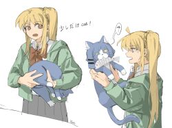 Rule 34 | 1girl, ahoge, anger vein, animal, animalization, blonde hair, blue cat, bocchi the rock!, bow, bowtie, bright pupils, cat, commentary, english commentary, green jacket, grey skirt, hair ornament, hairclip, highres, holding, holding animal, holding cat, ijichi nijika, jacket, long hair, long sleeves, multiple views, pleated skirt, red bow, red bowtie, red eyes, school uniform, shimokitazawa high school uniform, shirt, side ponytail, simple background, skirt, speech bubble, translation request, white background, white pupils, white shirt, yamada ryo, yanlingjinshilihuahua, yellow eyes