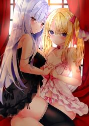 Rule 34 | 2girls, babydoll, bare arms, bare shoulders, black panties, black thighhighs, blonde hair, blurry, blurry background, bow, breasts, brown eyes, cleavage, closed mouth, collarbone, commentary request, curtains, depth of field, grey hair, hair bow, highres, holding hands, lace, lace-trimmed legwear, lace trim, long hair, looking at viewer, medium breasts, multiple girls, nail polish, nanase nao, original, panties, pink panties, purple eyes, red bow, red nails, side-tie panties, sidelocks, smile, thighhighs, twintails, underwear, underwear only, very long hair, window, yuri