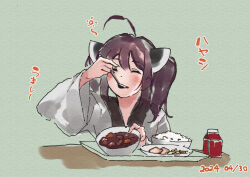Rule 34 | 1girl, ahoge, blush, bowl, brown hair, closed eyes, closed mouth, commentary request, dated, eating, facing viewer, food, food request, green background, grey kimono, head tilt, holding, holding spoon, japanese clothes, kimono, lamb (hitsujiniku), long sleeves, plate, rice, solo, spoon, touhoku kiritan, translation request, tray, twintails, upper body, voiceroid, wide sleeves
